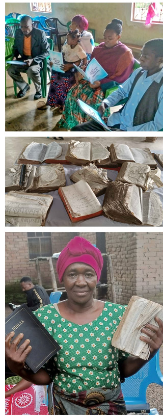 Pastors and their spouses on a training day, old Bibles collected on training days that have been replaced for new and a woman holding her old Bible and her new one