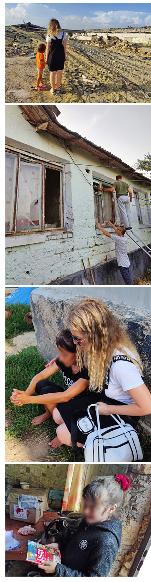 A montage of images showing from top to bottom: MP's Tanya showing a child the ruins of a grain store; Igor and Sasha covering broken windows with foil; Tanya praying for a child in trauma; a girl holding a children's Bible