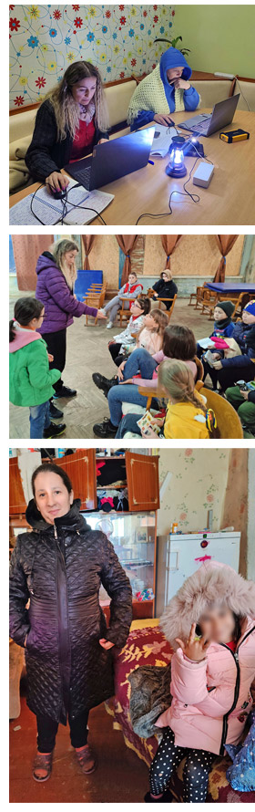 Top: Liliya and Tatyana working in the Odesa office. Middle: Tatyana at a Bible club. Bottom: Svetlana and her daughter Nika.