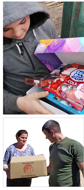Top: Elena's eldest son receiving a Christmas Eve box. Bottom: Elena receiving an emergency aid box.