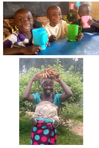 Children eating their porridge at school and a mother carrying carrots from the harvest