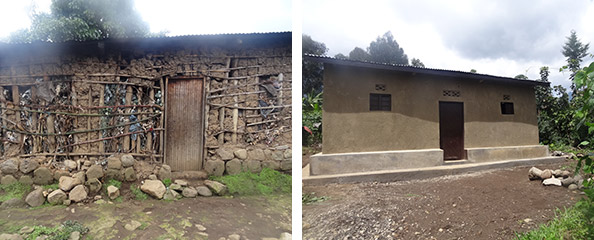 Before and after photographs of a house in the Virunga mountains foothills