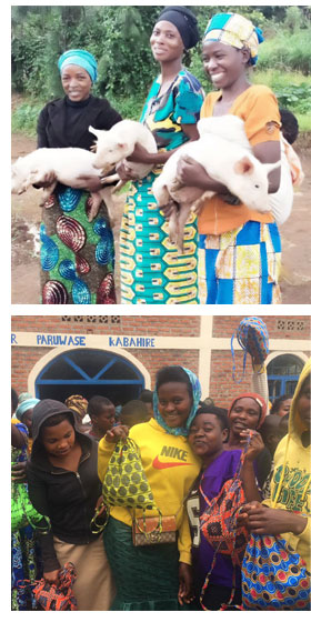 Recipients of Mission Possible's first pig project and girls with their feminine hygiene kits
