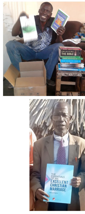 A pastor's book pack in Zambia in 2012 and a Ugandan pastor holding a copy of The Essentials of an Excellent Christian Marriage